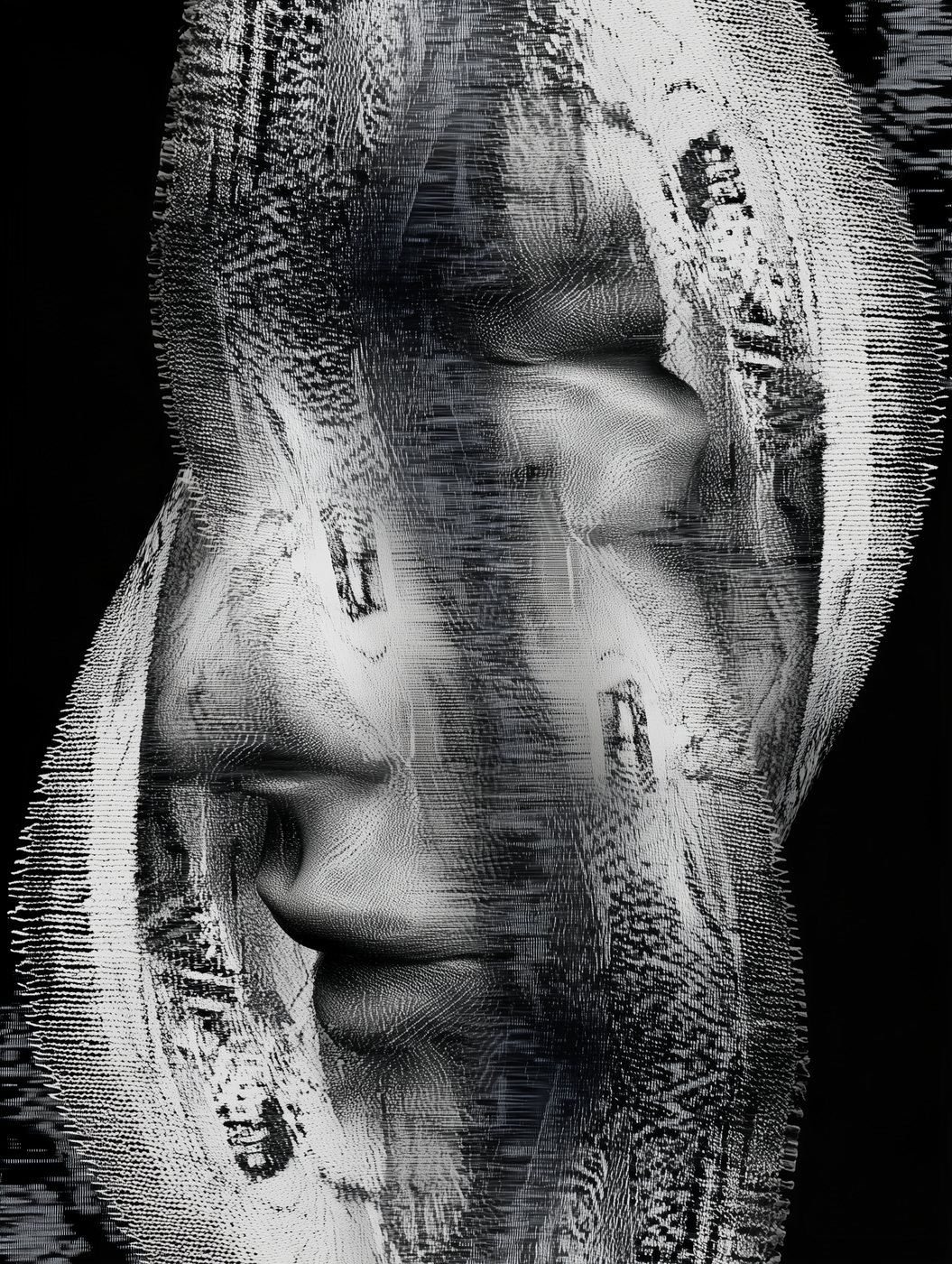TW-005 Relic of Tension I by Tela Weft: Fractured bust twisting through folds of stretched knitted fabric on a black ground