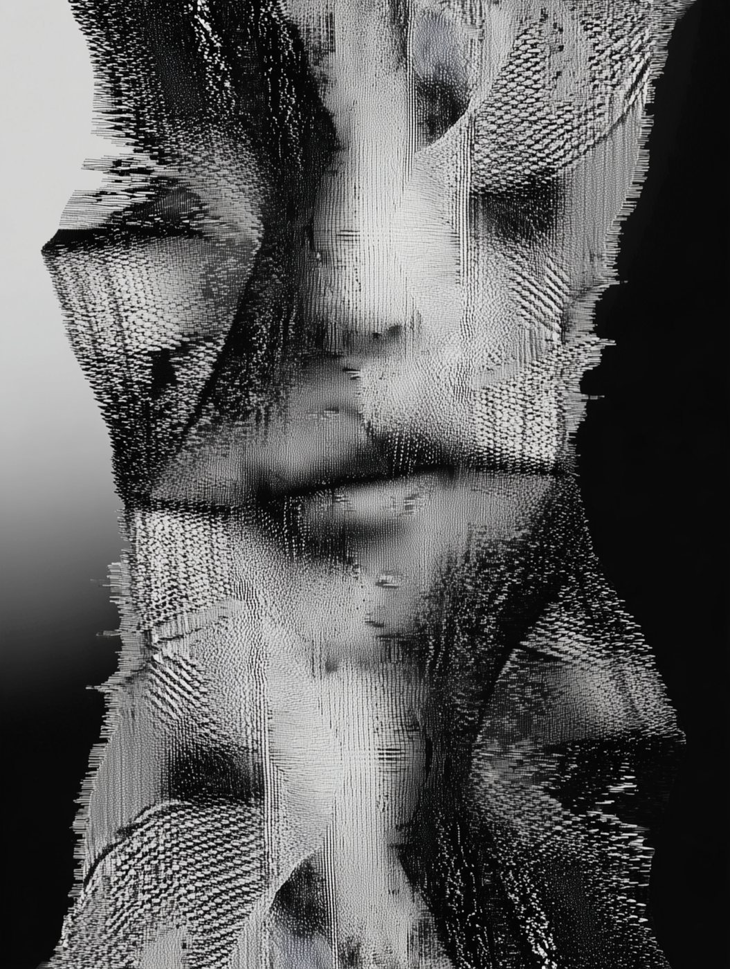 TW-006 Relic of Tension II by Tela Weft: Fragmented face pulled apart by layered knitted panels and tension lines