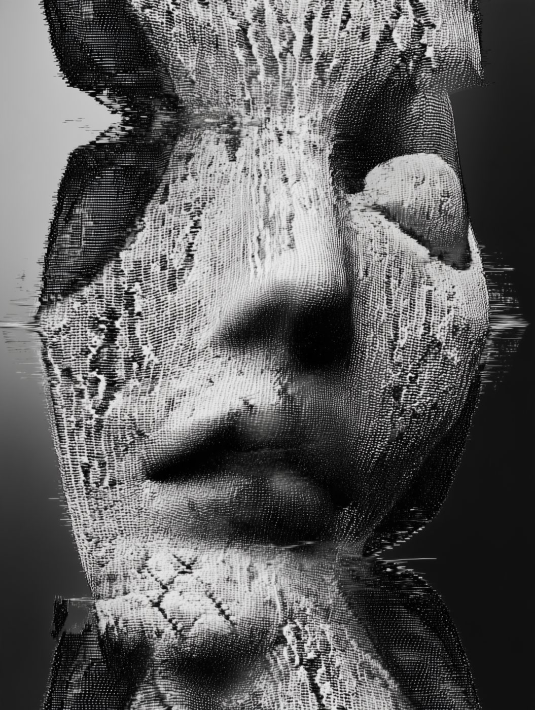 TW-007 Relic of Tension III by Tela Weft: Sculptural bust torn through cable-knit texture, lips and nose surfacing from fractured cloth