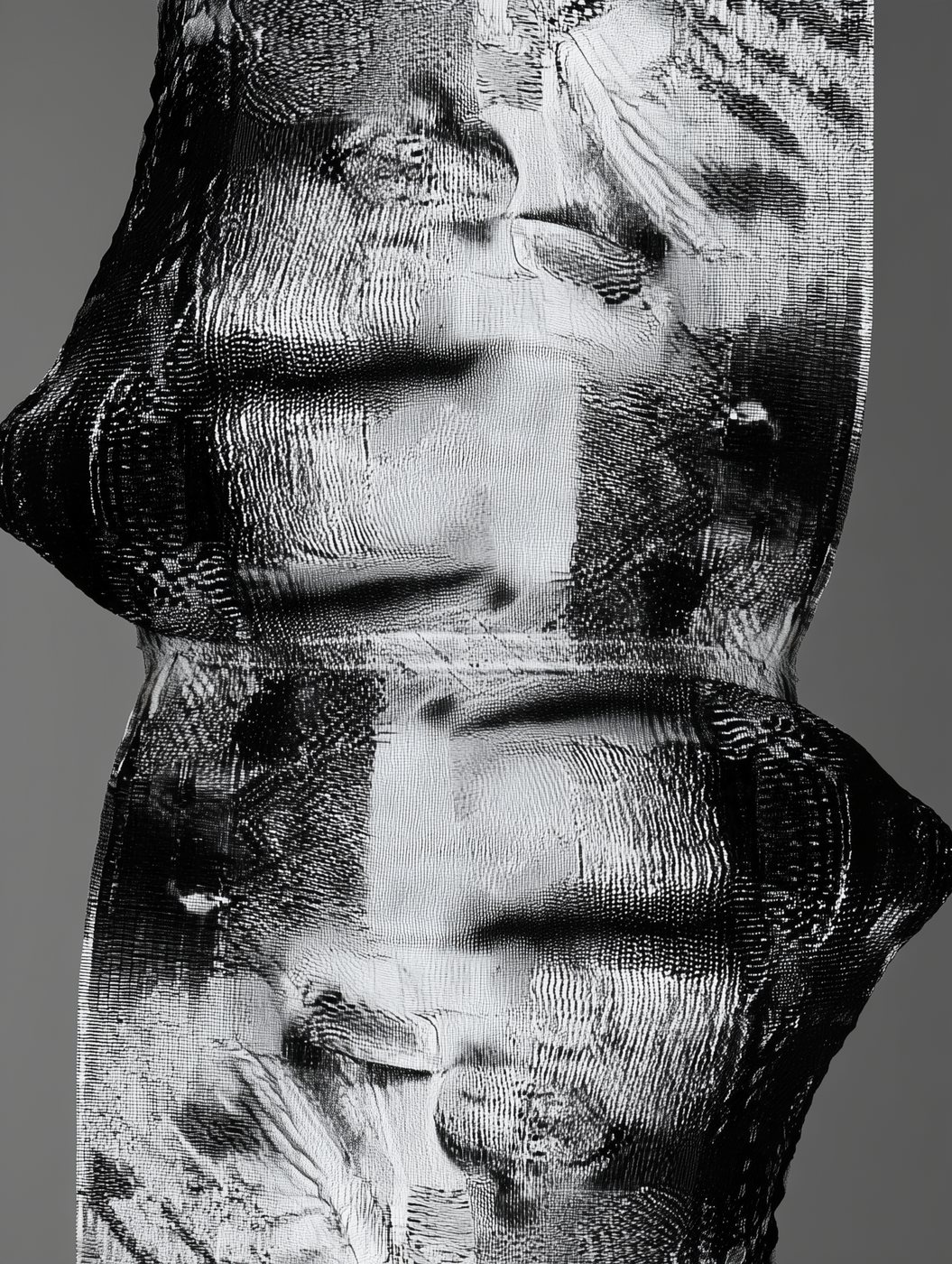 TW-008 Double Register by Tela Weft: Two misregistered faces stacked within a knitted column, lips doubled across the seam