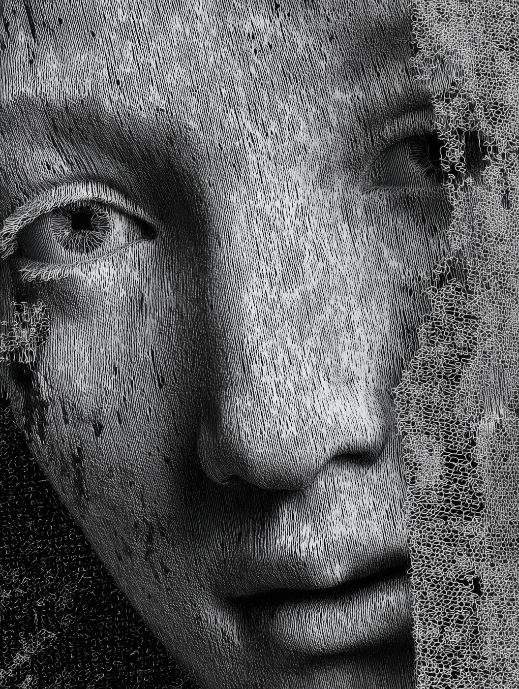 TW-012 Quietude III by Tela Weft: Face emerging from a dark textile edge, one eye open, stitch texture across the cheek