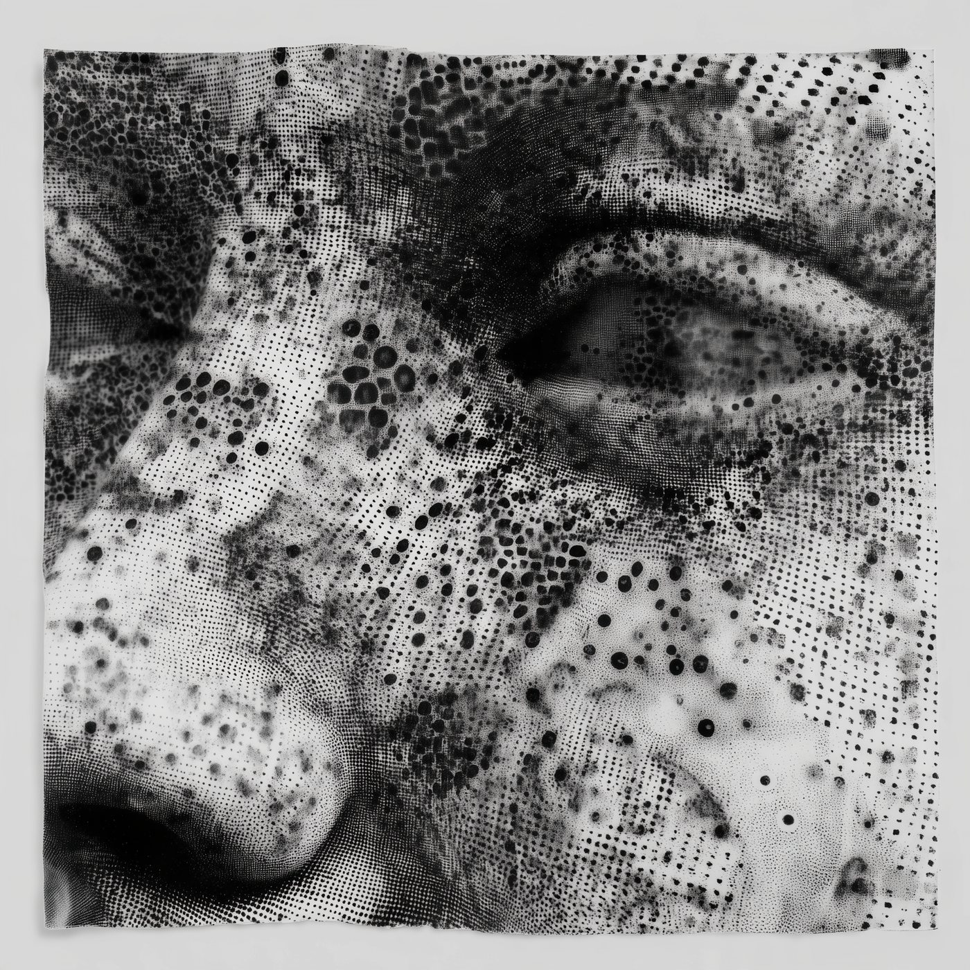 TW-015 Patchwork Register by Tela Weft: Face assembled from patchwork stitch fields, freckled with lace perforations